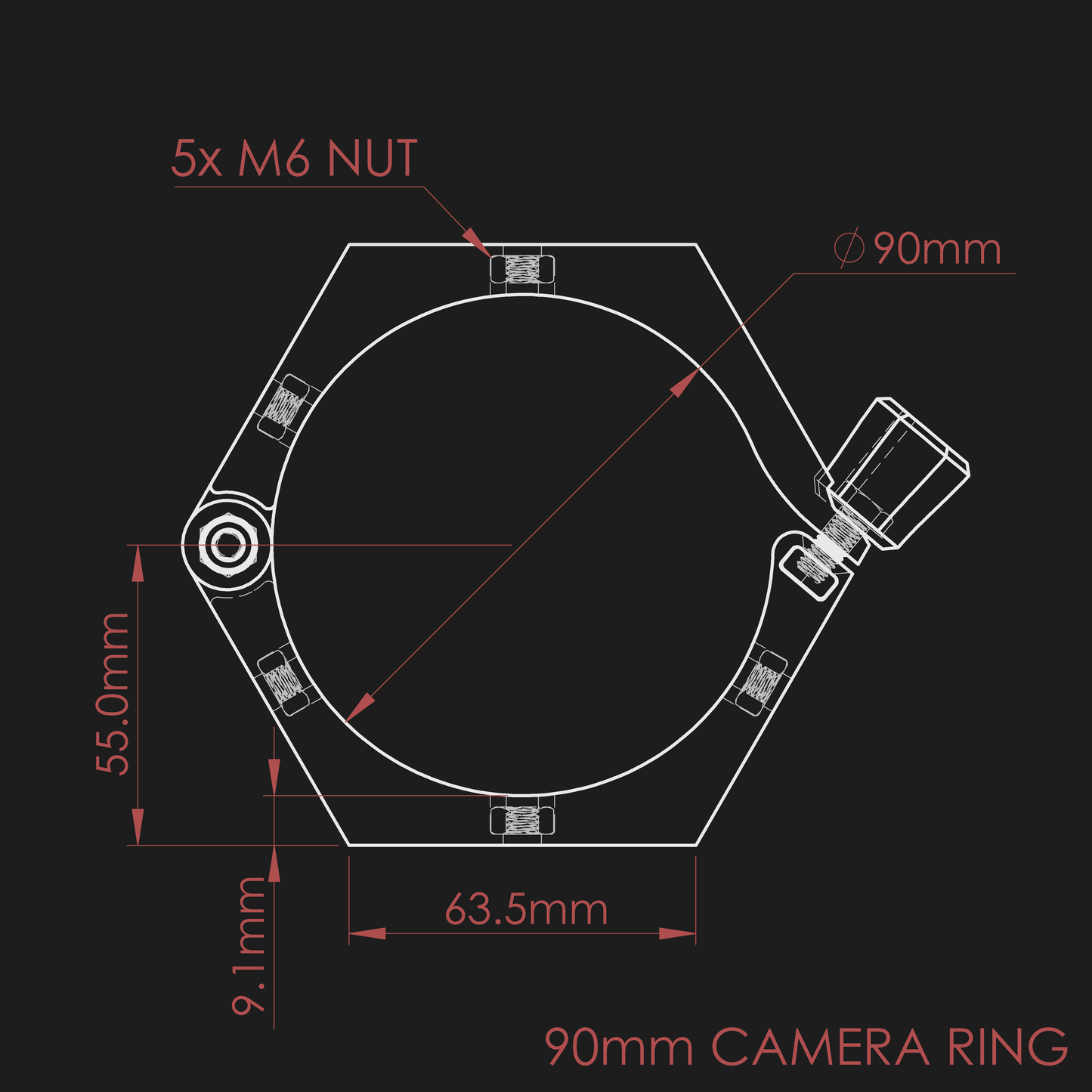 Technical drawing of the 90mm camera ring for the nrStellar Rokinon/Samyang Ring System