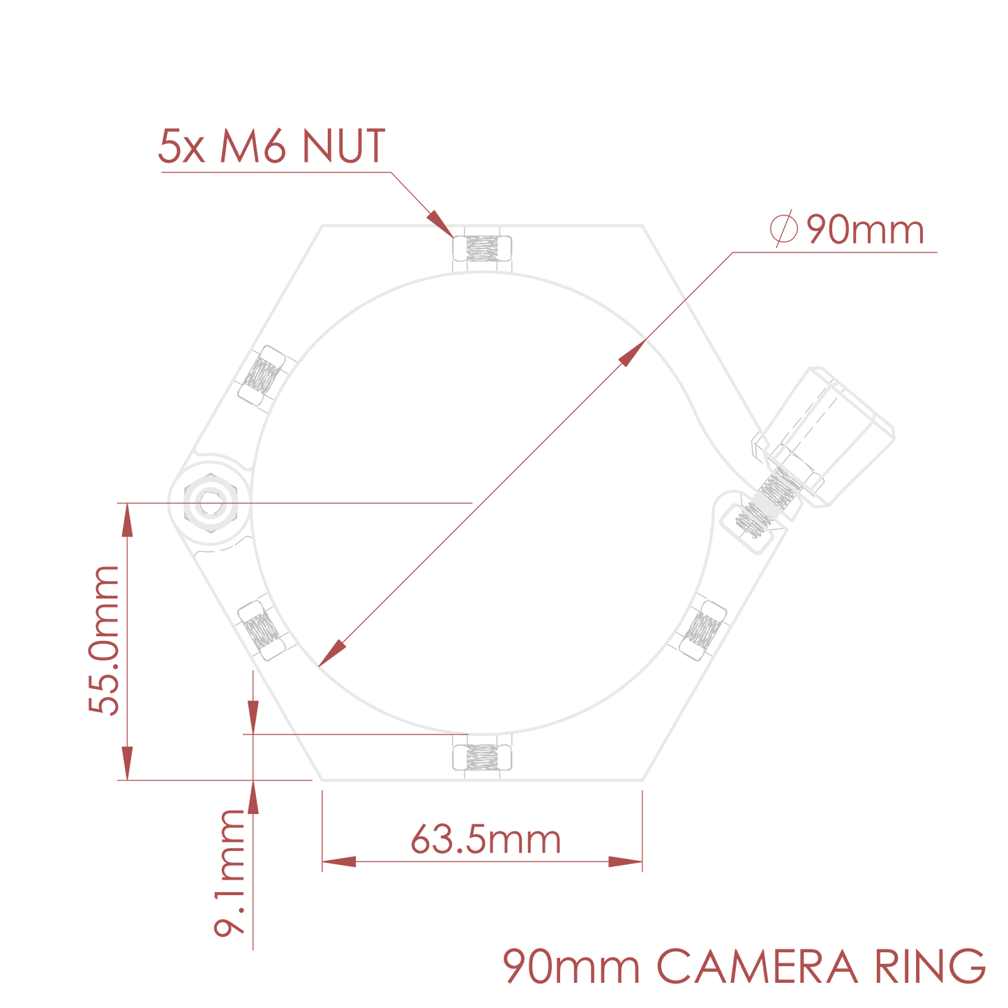 Technical drawing of the 90mm camera ring for the nrStellar Rokinon/Samyang Ring System