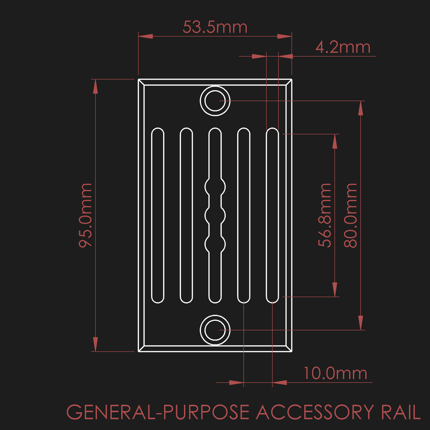 Dimensions of the accessory rail for the nrStellar ring system. The rail is 90x53.5mm. The distance between M6 mounting holes is 80mm. There are 5 slots spanning the length sized for M4 bolts, 10mm apart.