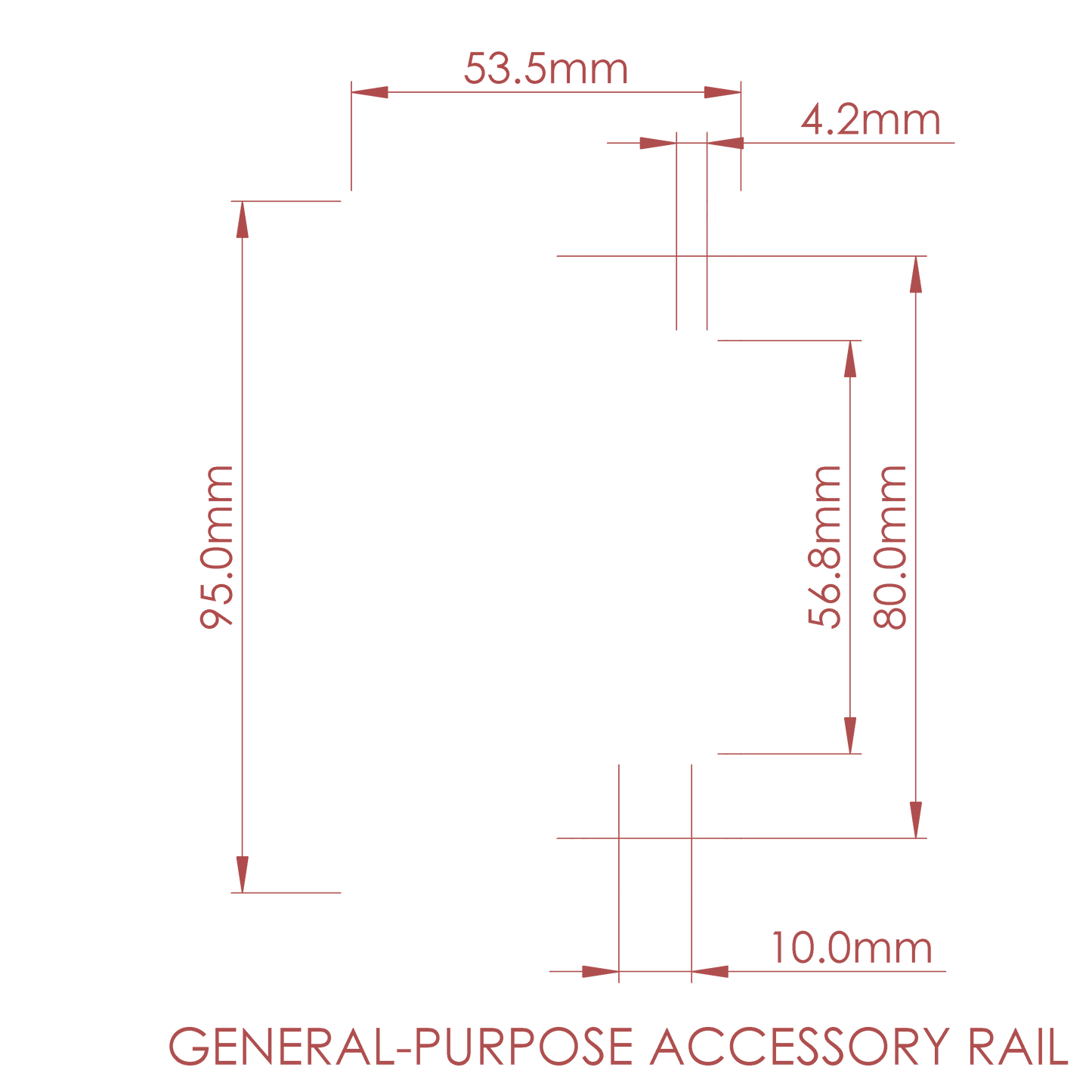 Dimensions of the accessory rail for the nrStellar ring system. The rail is 90x53.5mm. The distance between M6 mounting holes is 80mm. There are 5 slots spanning the length sized for M4 bolts, 10mm apart.