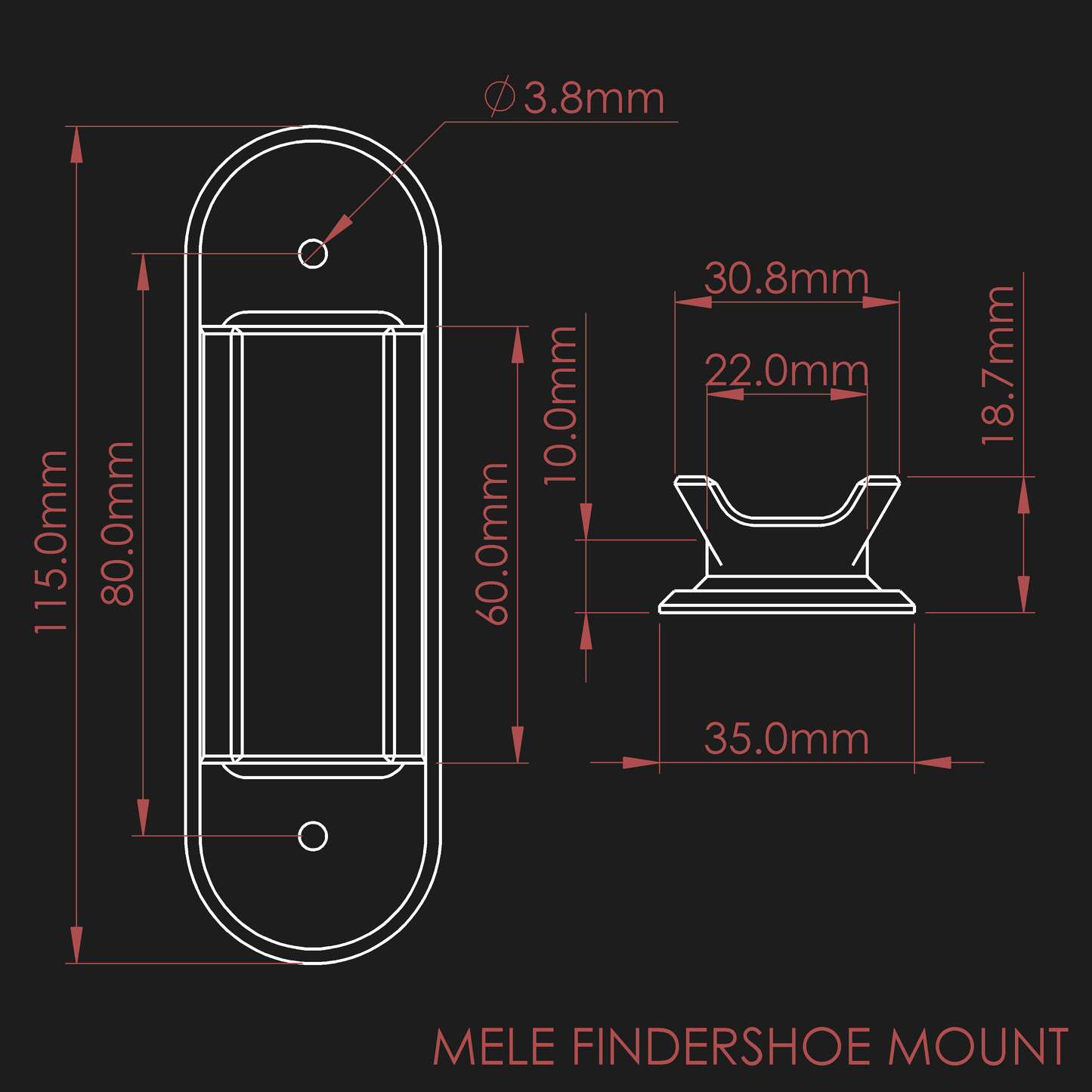 Dimensions of the nrStellar MeLE Findershoe Mount. The distance between mounting holes is 80mm. The total height is 18.7mm. The dovetail fits in a Finderscope Saddle.