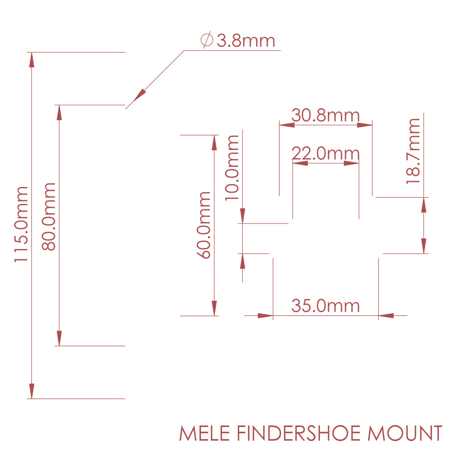 Dimensions of the nrStellar MeLE Findershoe Mount. The distance between mounting holes is 80mm. The total height is 18.7mm. The dovetail fits in a Finderscope Saddle.