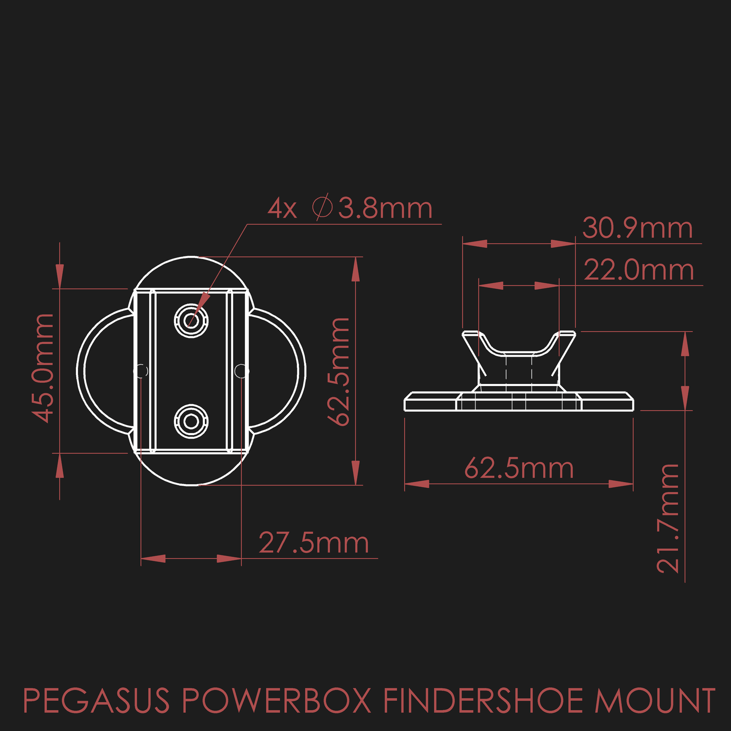 Dimensions of the nrStellar Pegasus Powerbox Findershoe Mount. The dovetail fits in a Finderscope Saddle.