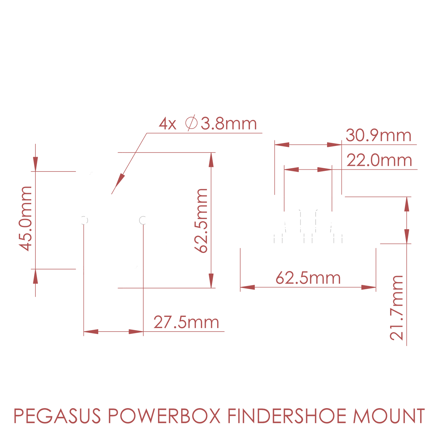 Dimensions of the nrStellar Pegasus Powerbox Findershoe Mount. The dovetail fits in a Finderscope Saddle.