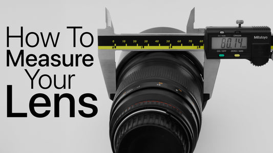 Lens being measured with calipers, with title text reading "How To Measure Your Lens"
