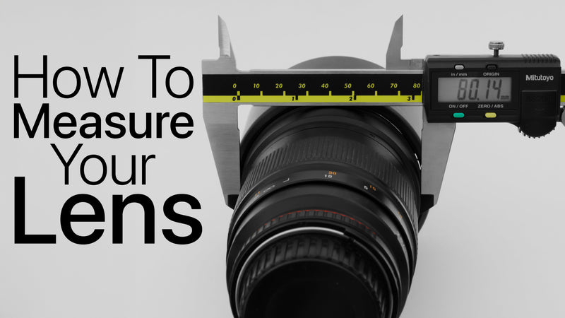 Lens being measured with calipers, with title text reading "How To Measure Your Lens"