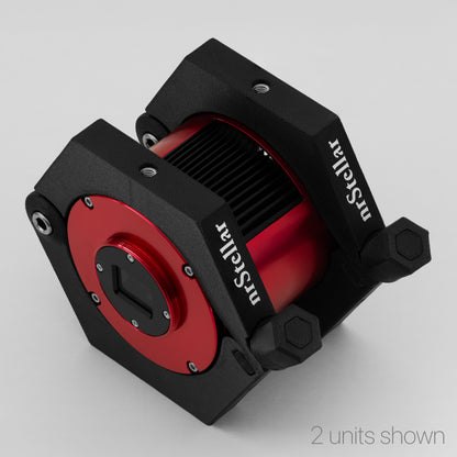 Two nrStellar Camera Rings around a red ZWO astronomy camera. They are black with white text reading "nrStellar". Grey text in the corner reads "2 Units Shown".