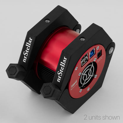 Two nrStellar Camera Rings around a red ZWO astronomy camera. They are black with white text reading "nrStellar". Grey text in the corner reads "2 Units Shown".