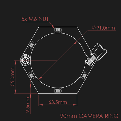 Technical drawing of the 90mm camera ring for the nrStellar Rokinon/Samyang Ring System