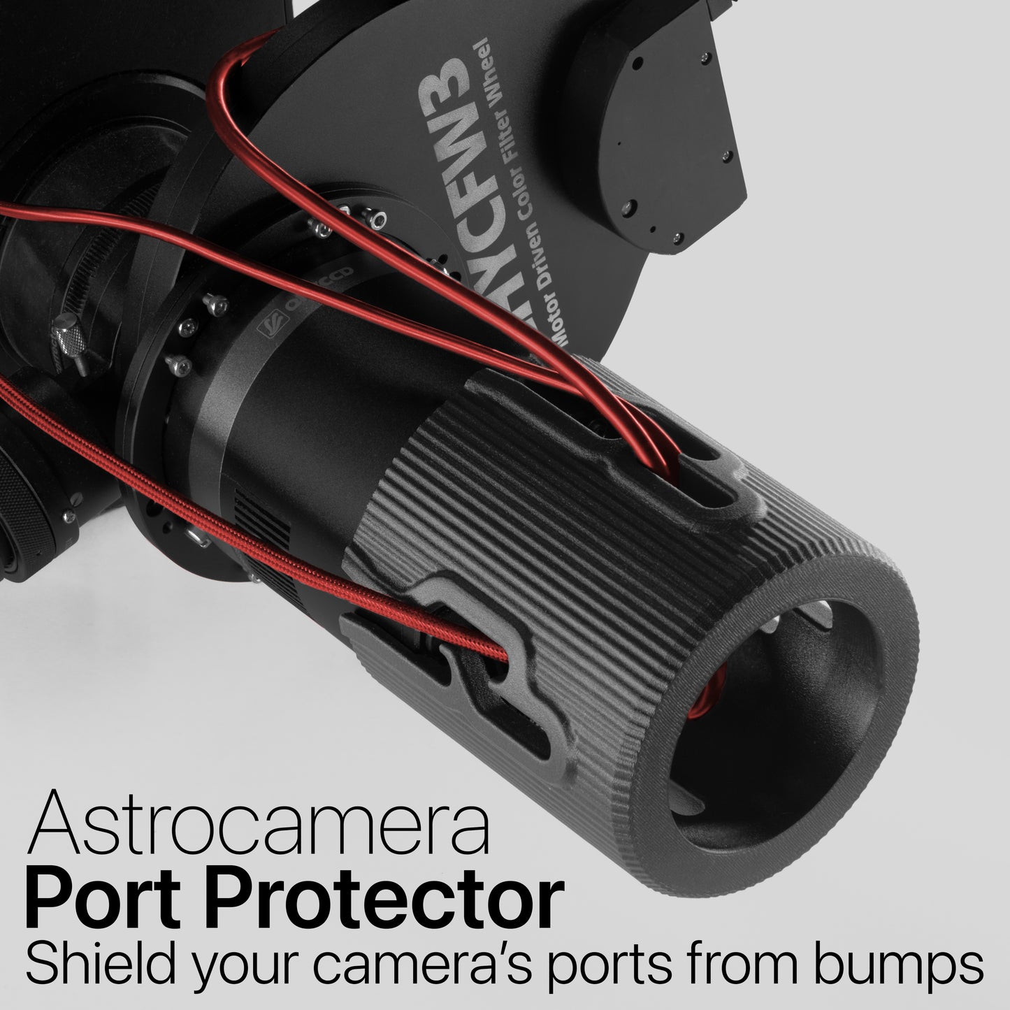 Astrocam port protector attached to the rear of an astronomy camera with red wires on a light grey background. Text reads "Astrocamera Port Protector. Shield your camera's ports from bumps"