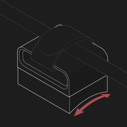Line art of a nrStellar cable anchor. A red arrow points out its ability to conform to the curvature of a telescope.