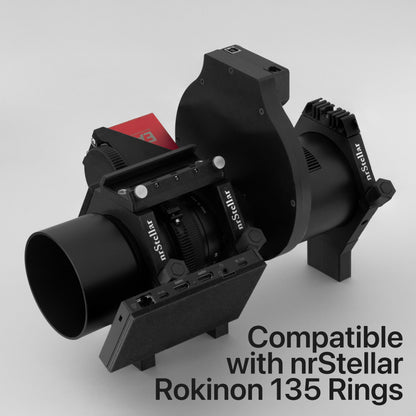 A black nrStellar Rokinon Ring System with an attached guidescope and additional accessories. The text overlay reads "Compatible with other nrStellar Rokinon Ring Accessories".