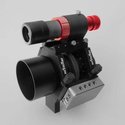 A nrStellar customized ring kit holding a lens. There is a finderscope shoe, ZWO electronic autofocuser attachment, and an accessory plate holding a powerbox or mini PC. The rings are black with white text reading "nrStellar"