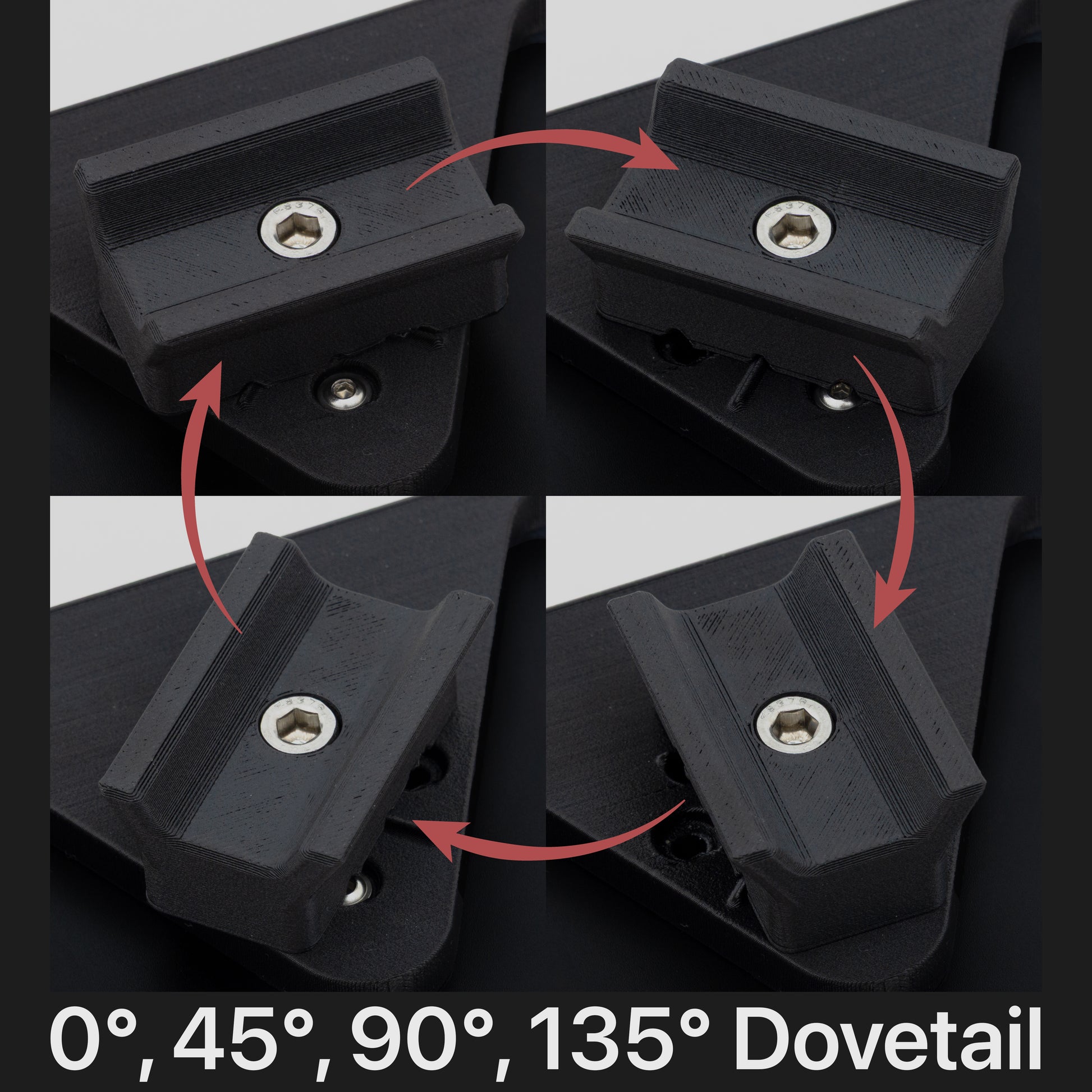 Black dovetail bracket showing adjustable angles with red arrows on a dark background.