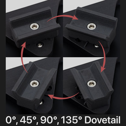 Black dovetail bracket showing adjustable angles with red arrows on a dark background.