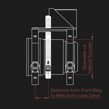 Technical diagram showing some of the necessary measurements to order a nrStellar customized ring kit. The measurements are:
1. Distance from the Front Ring to the Helical Focuser Gear
2. Diameter of the Helical Focuser