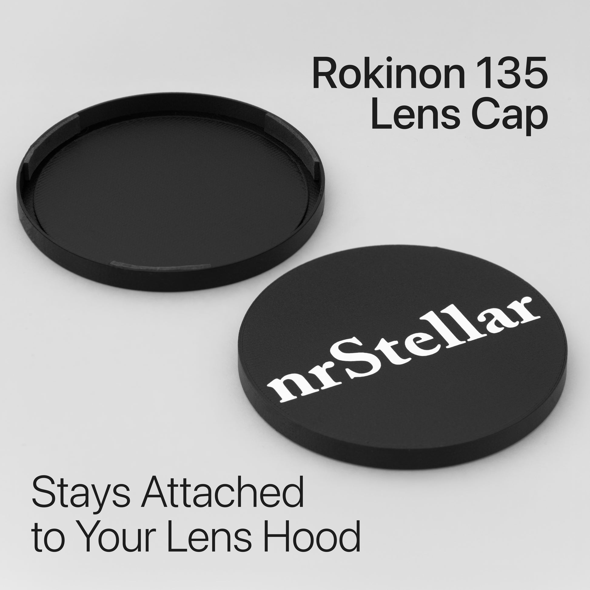 Rokinon 135 lens caps with 'nrStellar' branding on a light gray background. Text advertises that it stays attached to your lens hood.