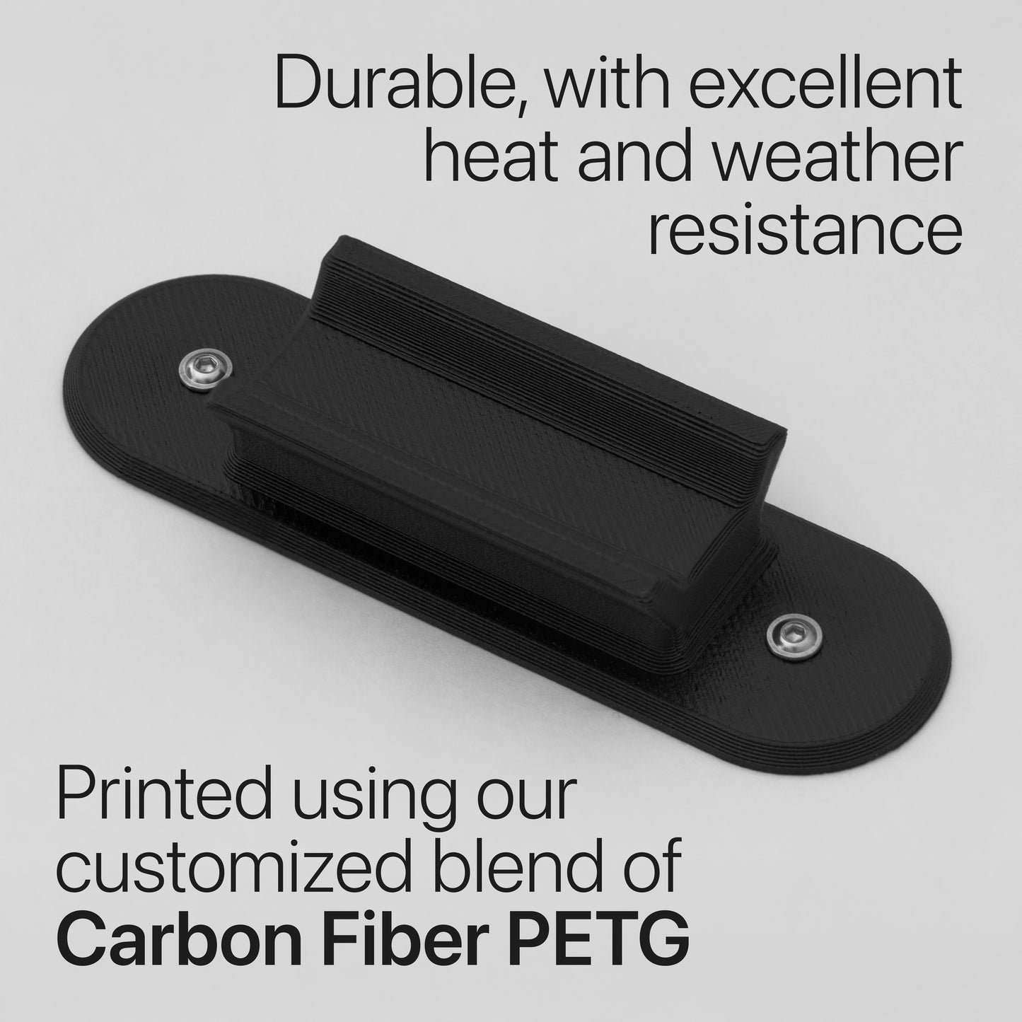 Black nrStellar MeLE Findershoe Mount on a light grey background. Text reads "Durable, with excellent heat and weather resistance" and "Printed using our customized blend of Carbon Fiber PETG"