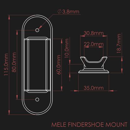 Dimensions of the nrStellar MeLE Findershoe Mount. The distance between mounting holes is 80mm. The total height is 18.7mm. The dovetail fits in a Finderscope Saddle.