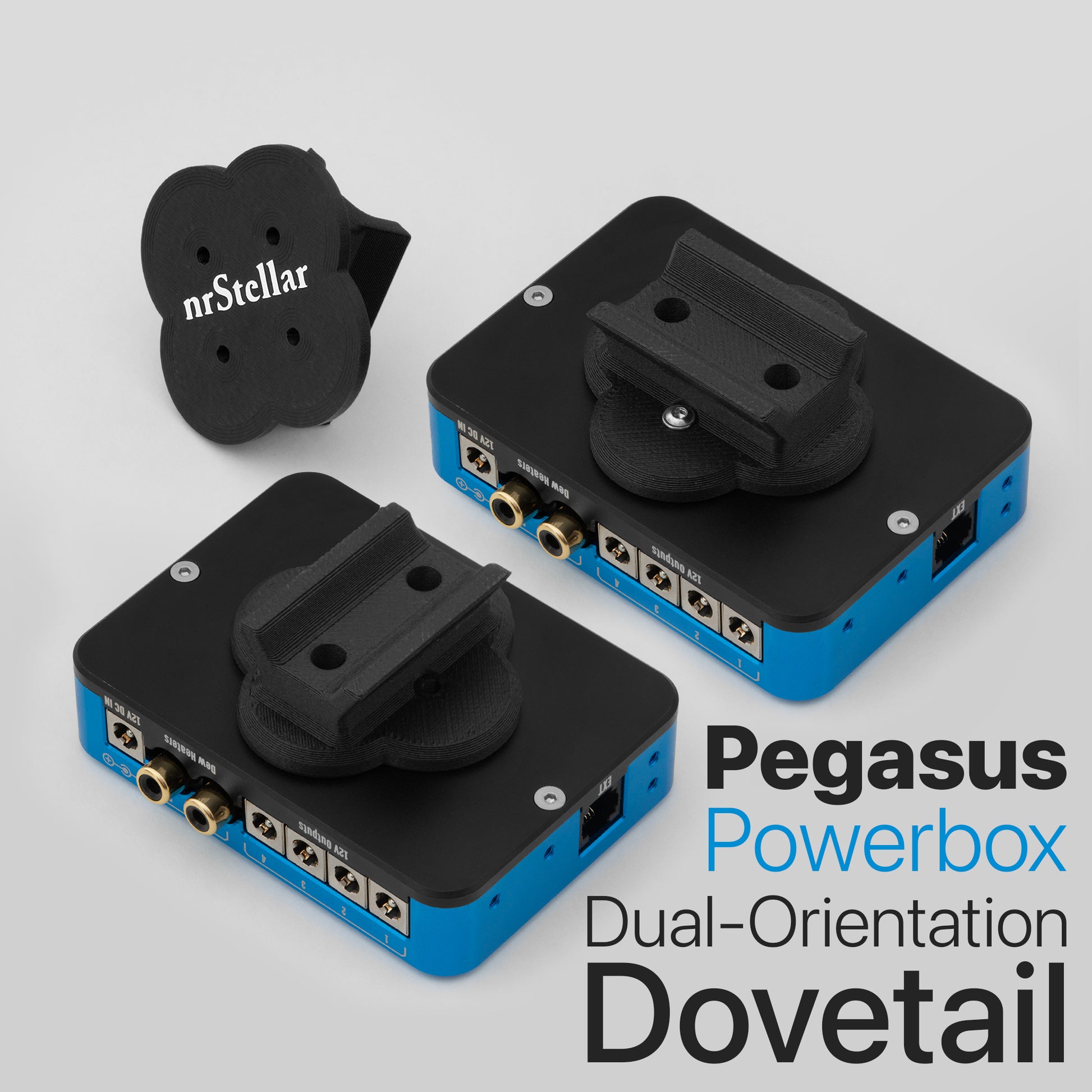 Pegasus Powerbox Dual-Orientation Dovetail with nrStellar branding on a gray background