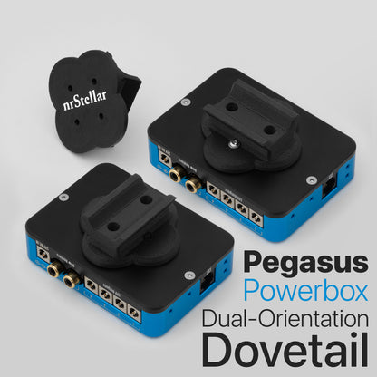 Pegasus Powerbox Dual-Orientation Dovetail with nrStellar branding on a gray background