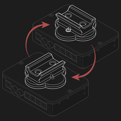 The nrStellar Pegasus Power Box Bracket displayed in two configurations: one with the synta-style dovetail oriented parallel to the mounting holes, and the other with the dovetail oriented perpendicular to the mounting holes. 