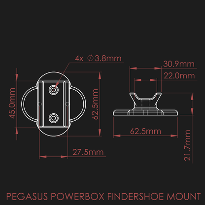 Dimensions of the nrStellar Pegasus Powerbox Findershoe Mount. The dovetail fits in a Finderscope Saddle.