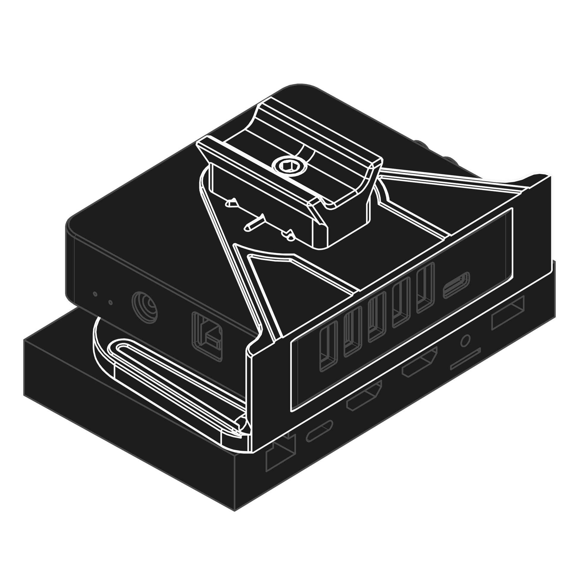 Line art displaying the nrStellar findershoe mount for various telescope powerboxes and mini PCs or an ASI Air