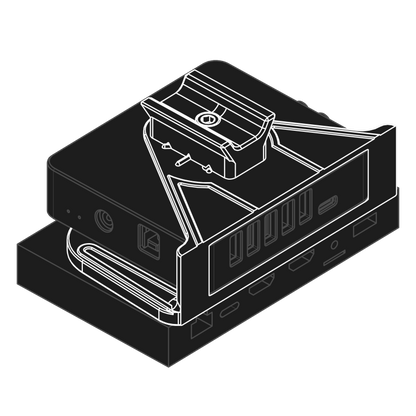 Line art displaying the nrStellar findershoe mount for various telescope powerboxes and mini PCs or an ASI Air