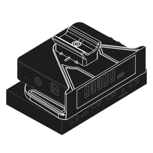 Line art displaying the nrStellar findershoe mount for various telescope powerboxes and mini PCs or an ASI Air