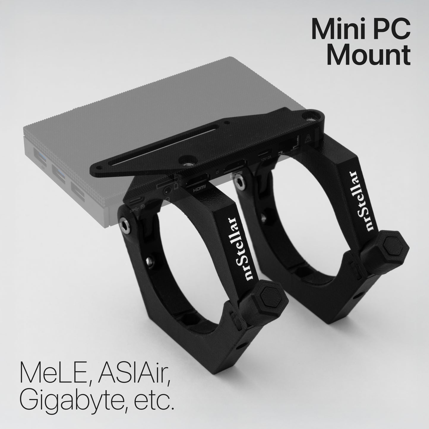 A MeLE Mini PC, edited to be slightly transparent, attached to the nrStellar Rokinon Rings via the mini PC mount
