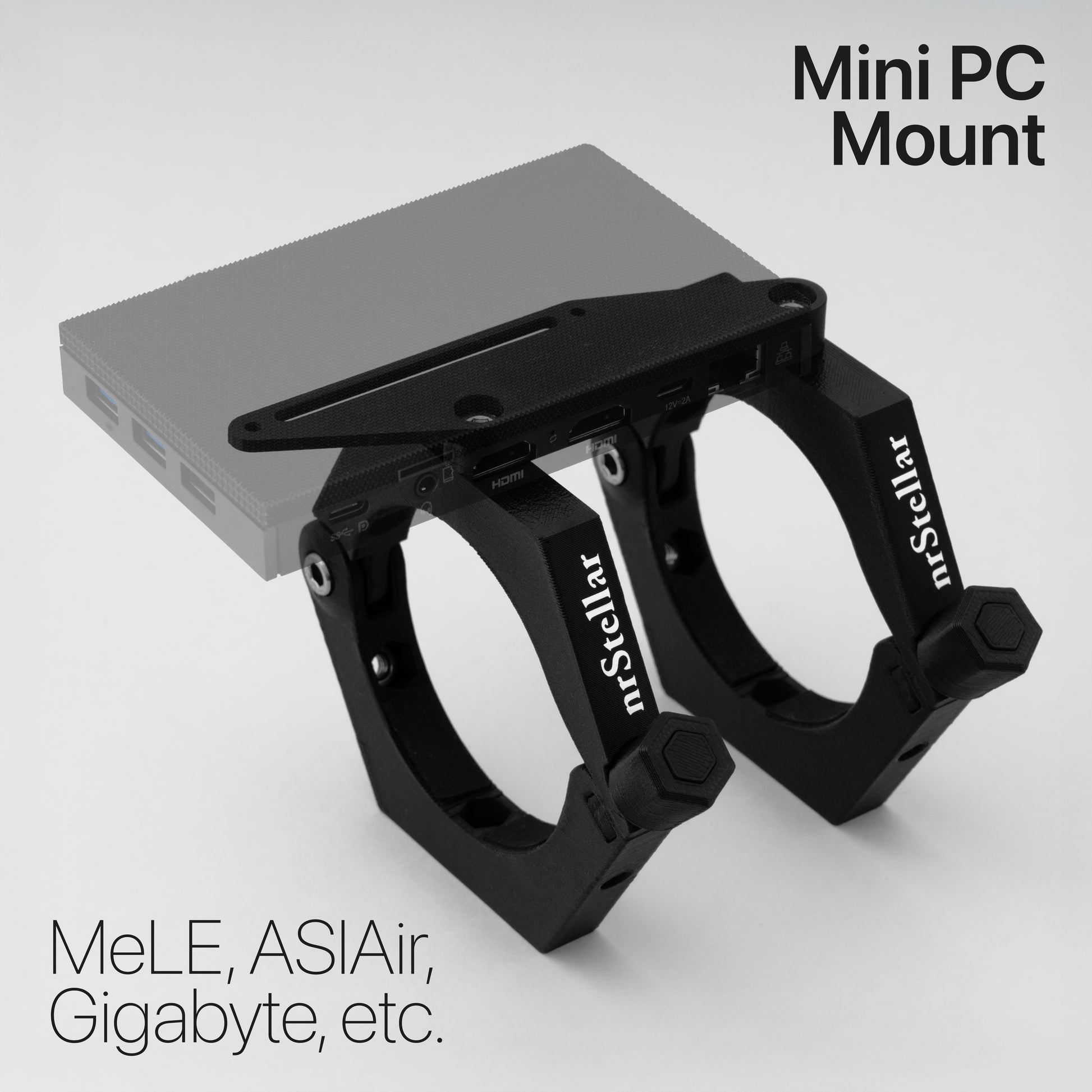 A MeLE Mini PC, edited to be slightly transparent, attached to the nrStellar Rokinon Rings via the mini PC mount