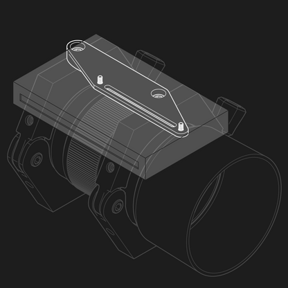 Line art displaying the Rokinon MeLE Ring Bracket holding a MeLE Mini PC on the nrStellar Ring System