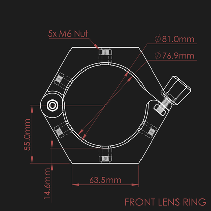 Technical drawing of the front lens ring for the nrStellar Rokinon/Samyang Ring System