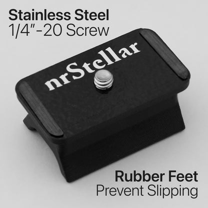 nrStellar SV241 Finderscope Dovetail, with text reading "Stainless Steel 1/4"-20 Screw" and "Rubber Feet Prevent Slipping"