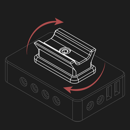 Line art displaying the nrStellar findershoe mount for the SVBONY SV241. Arrows indicate that it can be rotated into any orientation. 