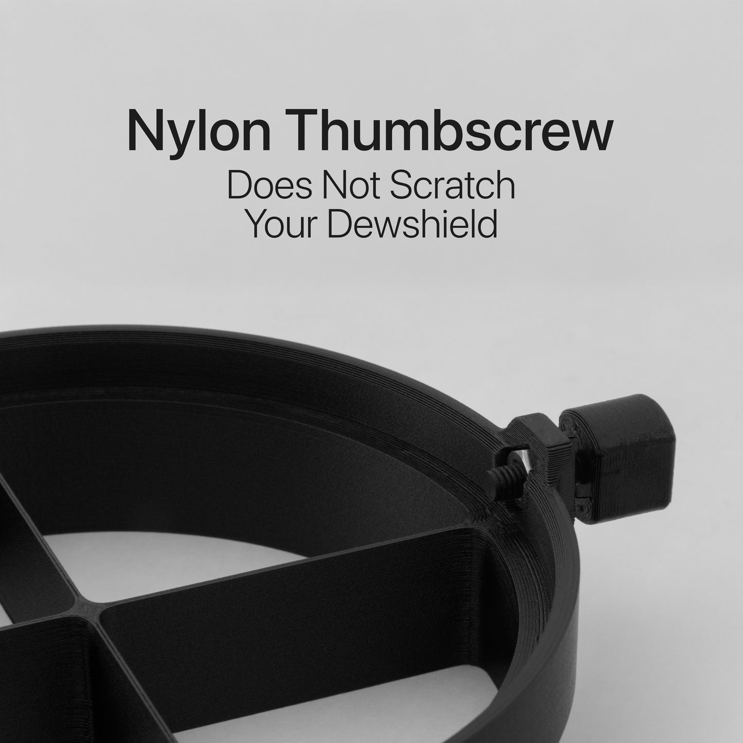 Closeup of the nrStellar star spike mask, with text that reads "Nylon Thumbscrew does not scratch your dewshield"