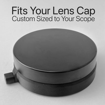 The nrStellar Star Spike Mask with a dew shield cap installed on top of it. Two lines of text read "Fits Your Lens Cap" and "Custom Sized to Your Scope"