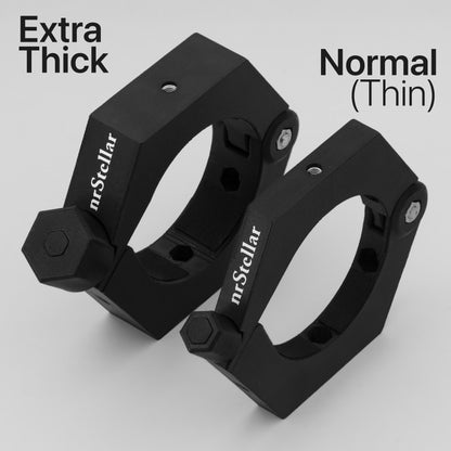 Two hexagonal nrStellar lens rings side-by-side. The right one is skinnier than the left one. The right one is labeled "Normal (Thin)" and the left one is labeled "Extra Thick". The rings are black with white text that reads "nrStellar". 
