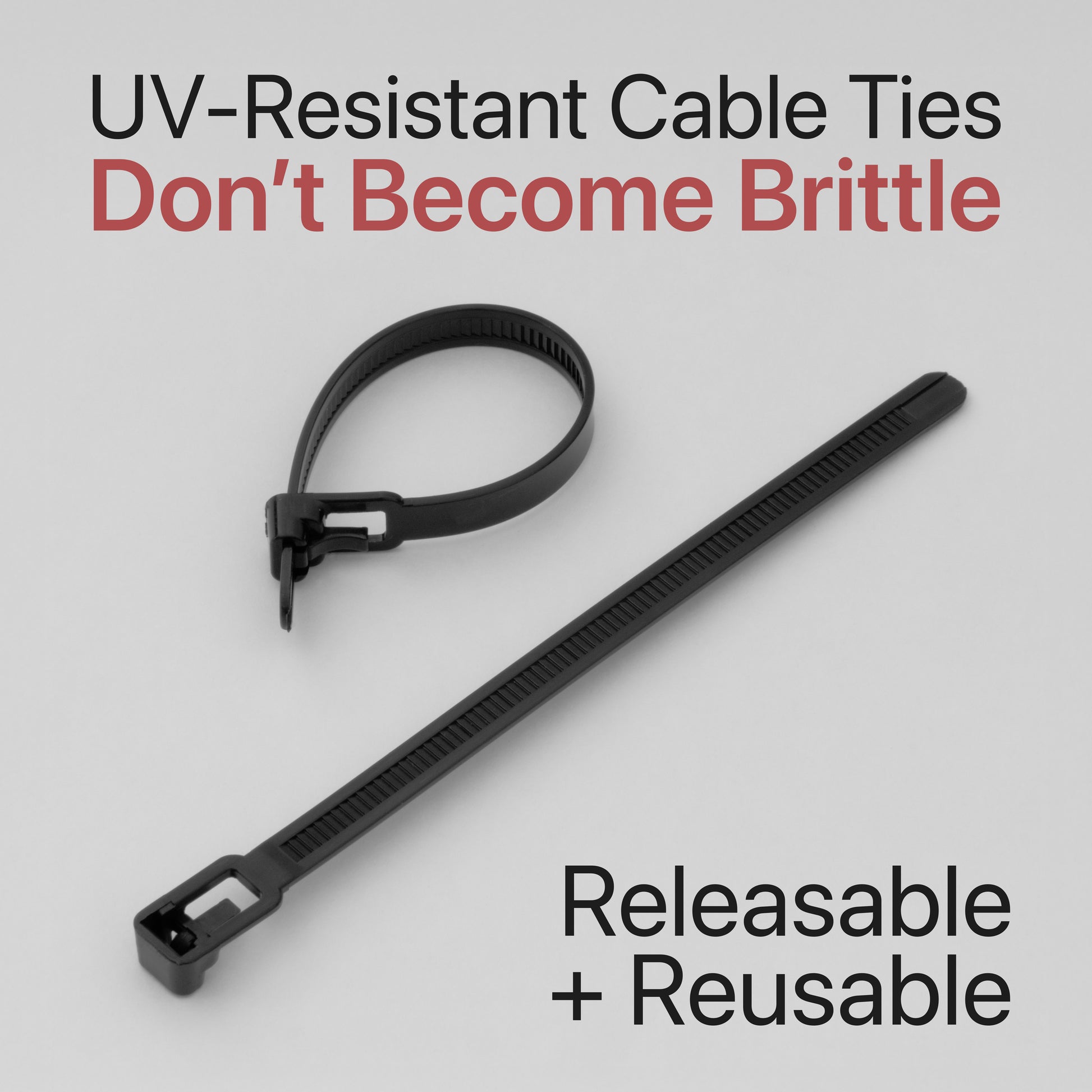 Black UV-resistant cable tie on a gray background with text about its properties.