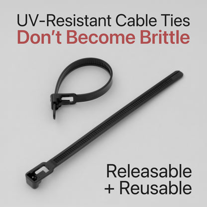 Black UV-resistant cable tie on a gray background with text about its properties.